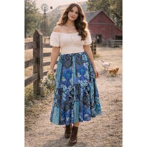 Cottagecore Boho Western Prairie Blue Patchwork Floral Maxi 1X Skirt Y2K Vintage